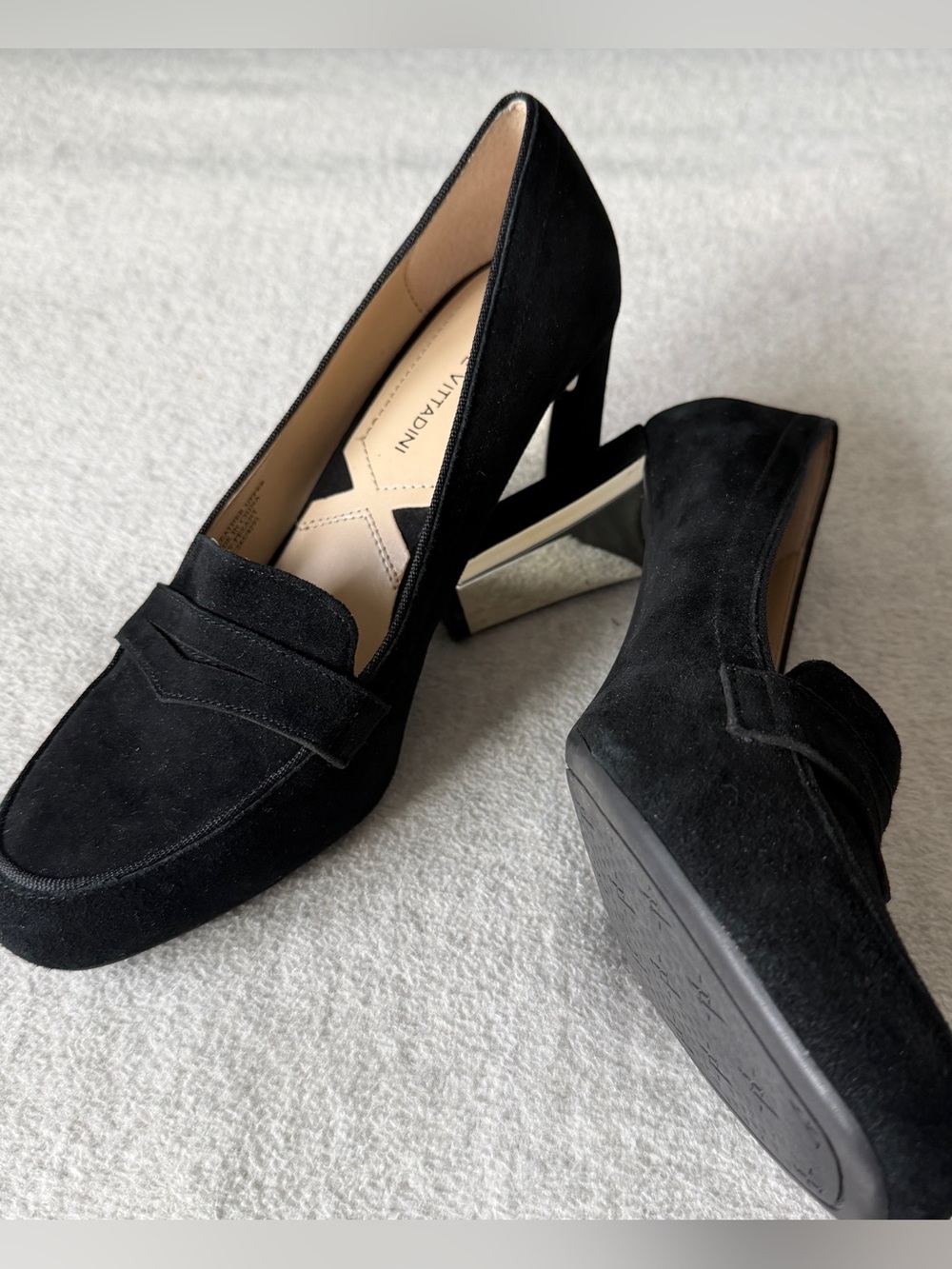 Adrienne Vittadini Black Leather Suede Block Heel Penny Loafers - 8